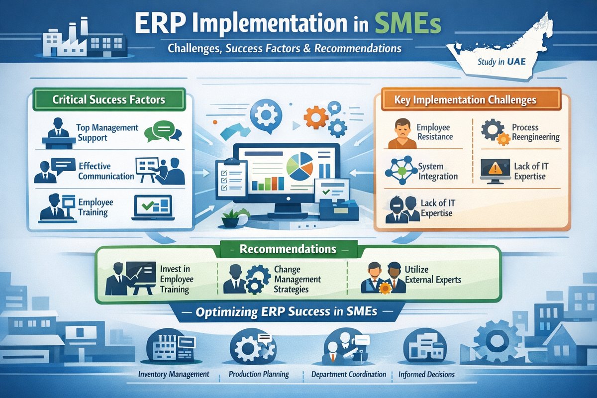 Infographic summarising ERP implementation in UAE SMEs — challenges, success factors and recommendations