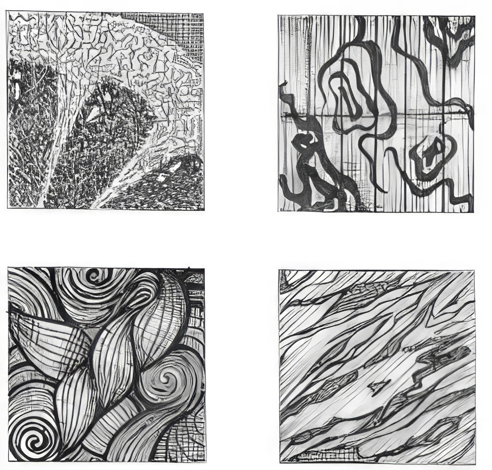 Student 2D work — four intricate black-and-white pattern studies