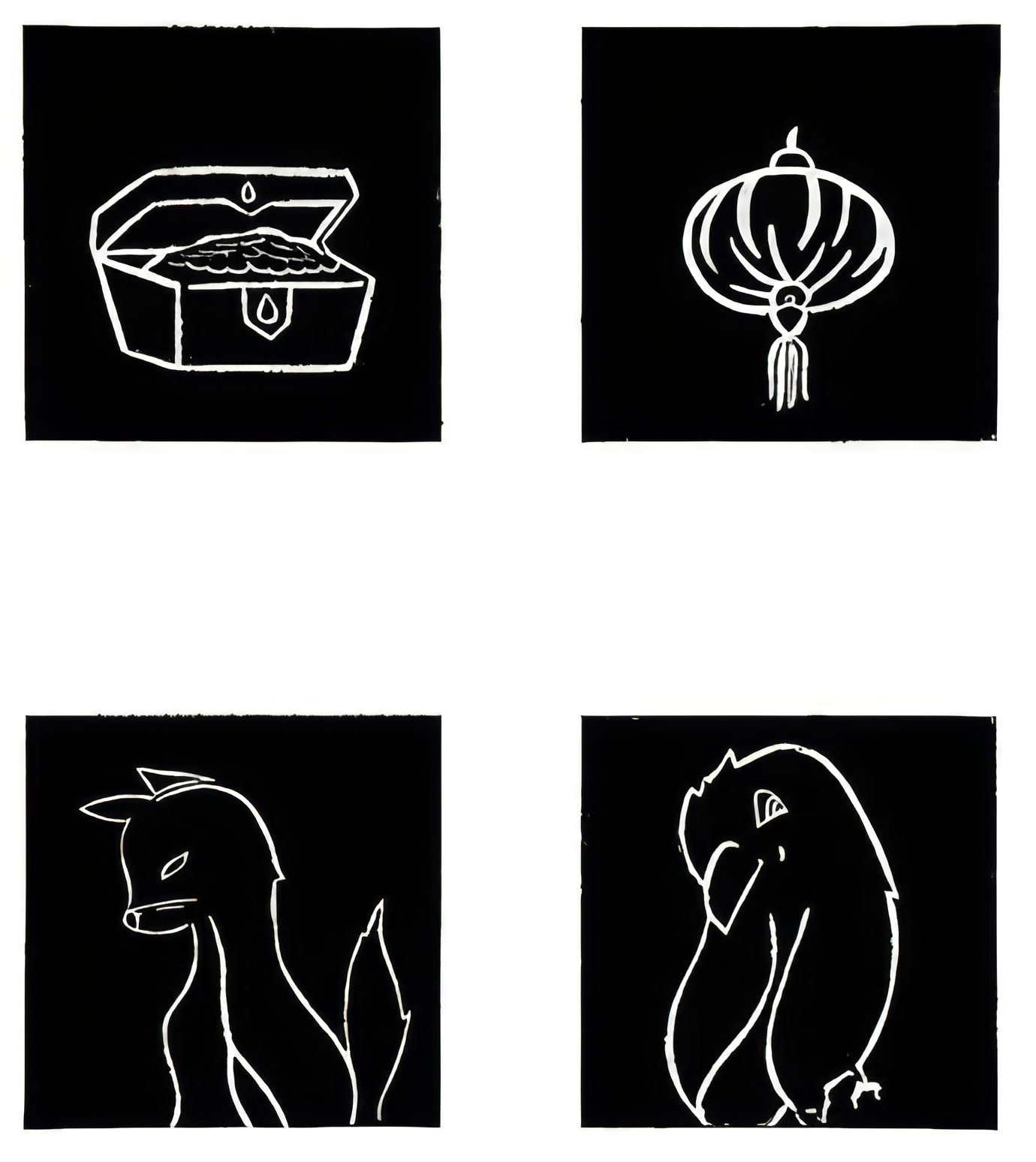 Student 2D work — four white-on-black line illustrations