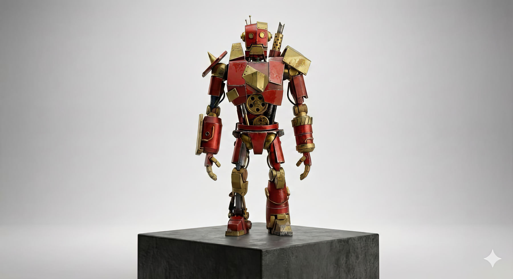 Student 3D character model — an articulated red-and-gold figure on a pedestal