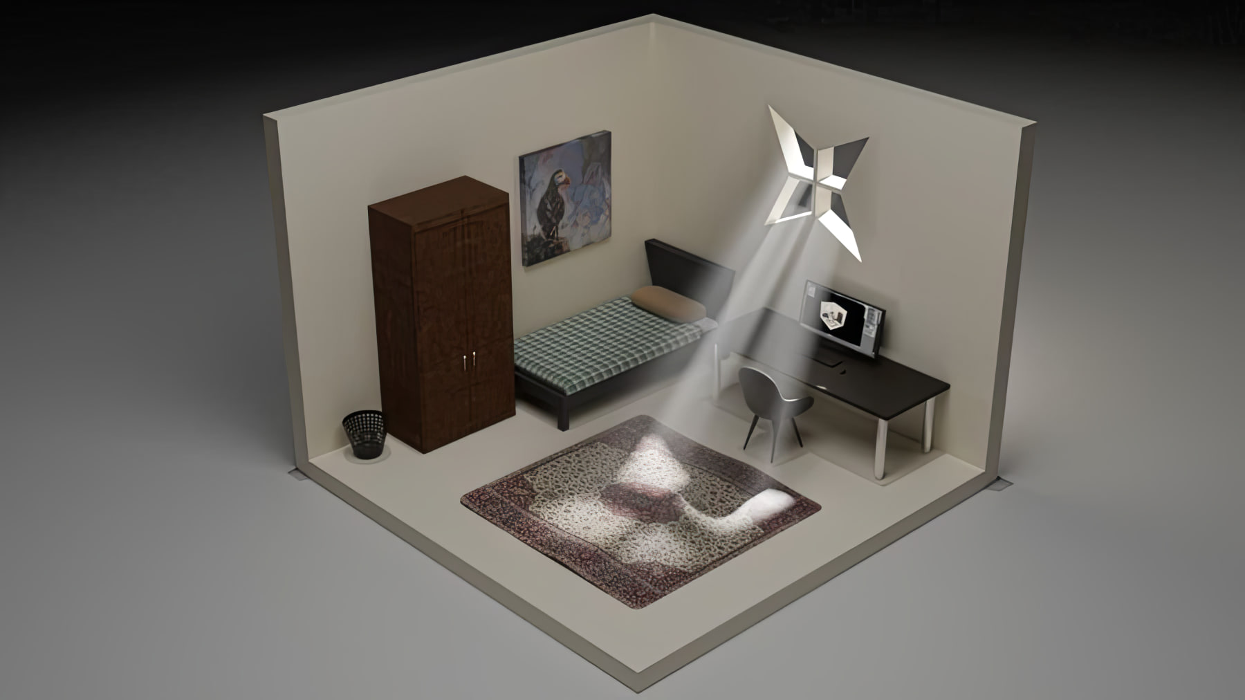 Student 3D scene — a small stylised bedroom interior