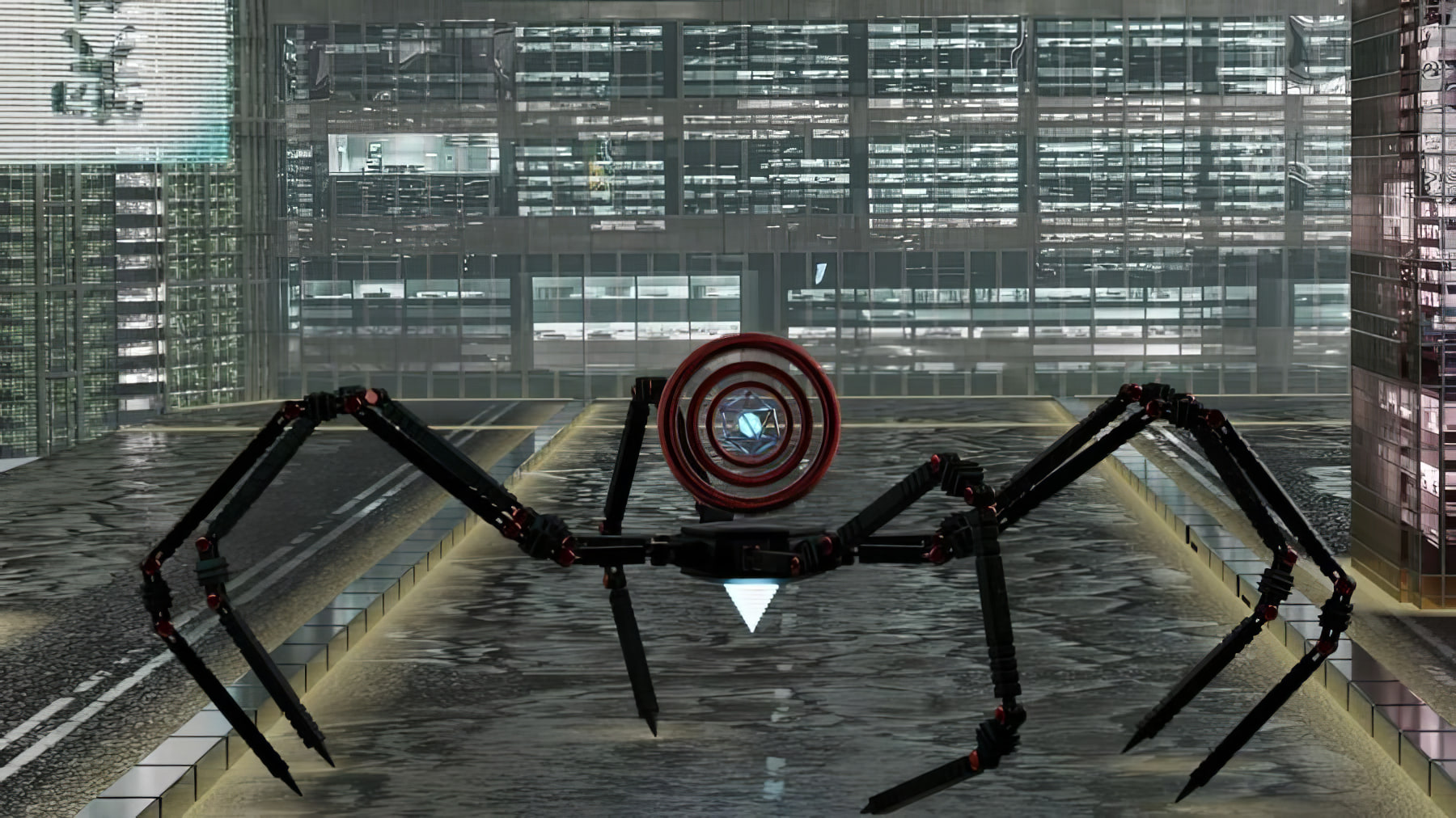 Student 3D render — a robotic spider in a rainy city street