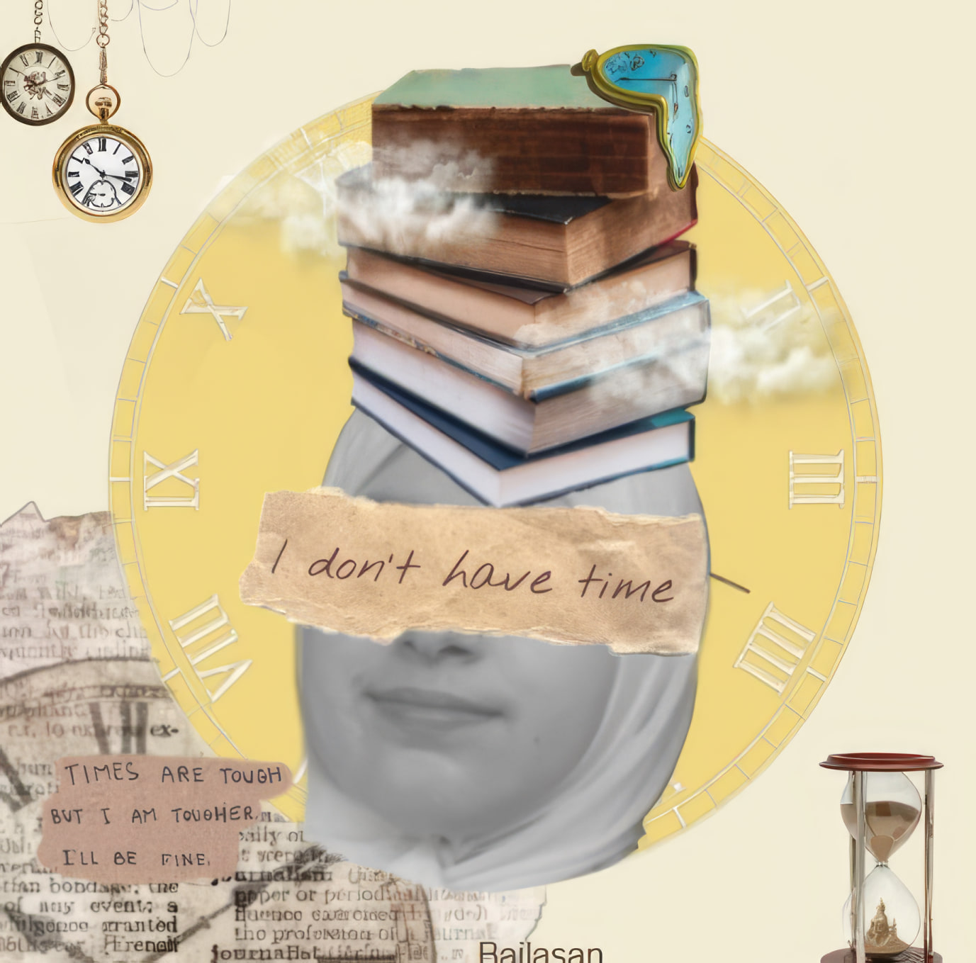 Student digital collage — books balanced above a portrait, on the theme of time