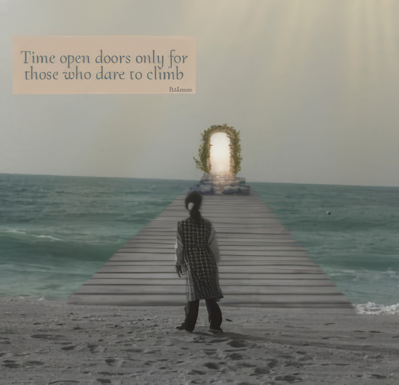Student digital art — a figure on a pier before a doorway over the sea