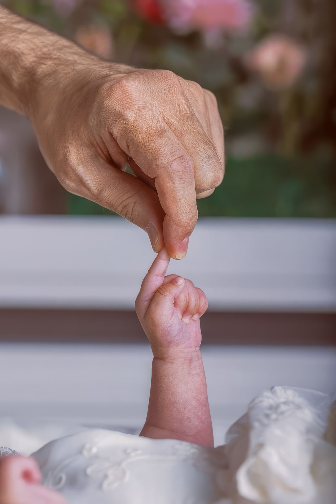 Student photograph — an adult hand holding a newborn's foot